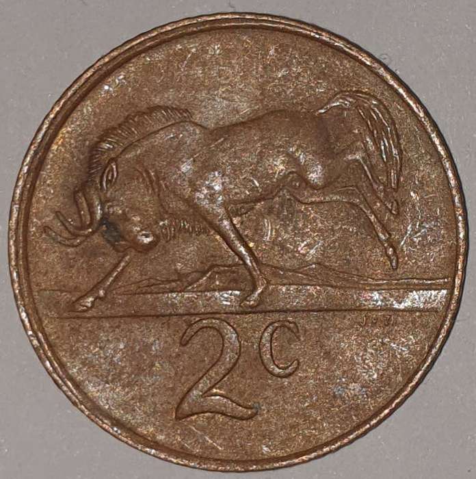 1982 - 2 CENT COIN (TWO CENT COIN) - RSA - BRONZE - KM#83 - BILINGUAL LEGEND - WILDEBEEST